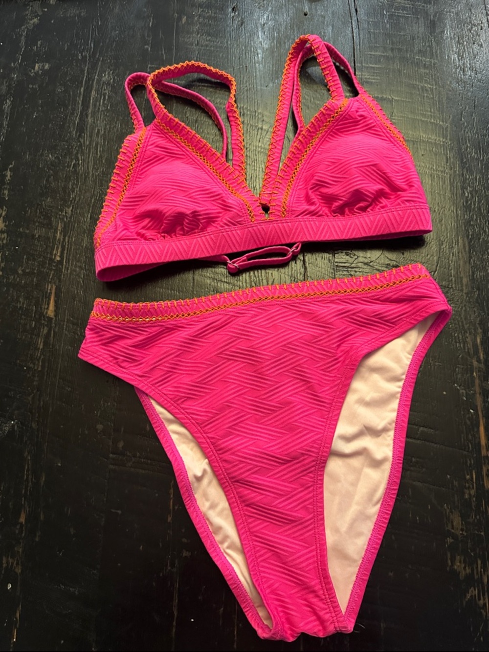 Hot Pink Textured Two-Piece Bikini with Contrast Stitching
